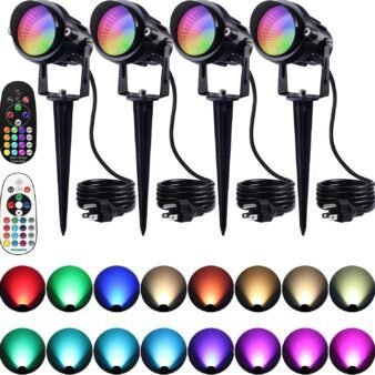 🎃👻Halloween Outdoor Spotlight 12W RGBW Color-Changing Landscape Light with Remote Control 120V RGB Landscape Lighting Waterproof Spotlight Outdoor Suitable for Patio, Garden, Yard, Lawn Decoration 4-Pack